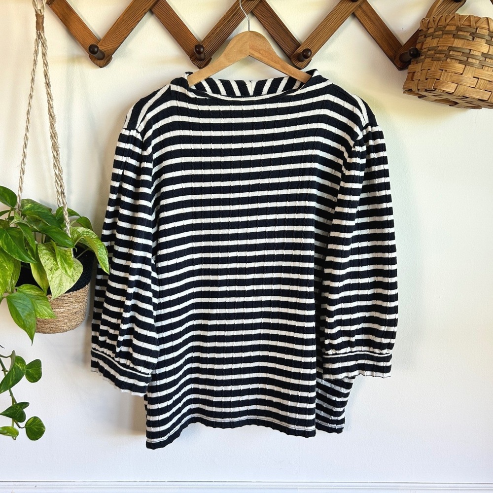 Talbots Plus 2X Navy White Striped Cable Knit Boat Neck Top 3/4 Sleeve Nautical
